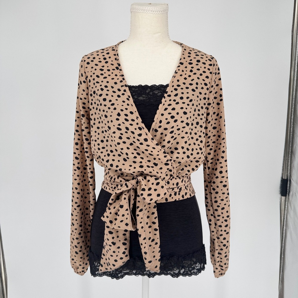 Fashion Nova Wrap Top Womens S Tan Black Animal Print Tie Waist Boho Chic Office